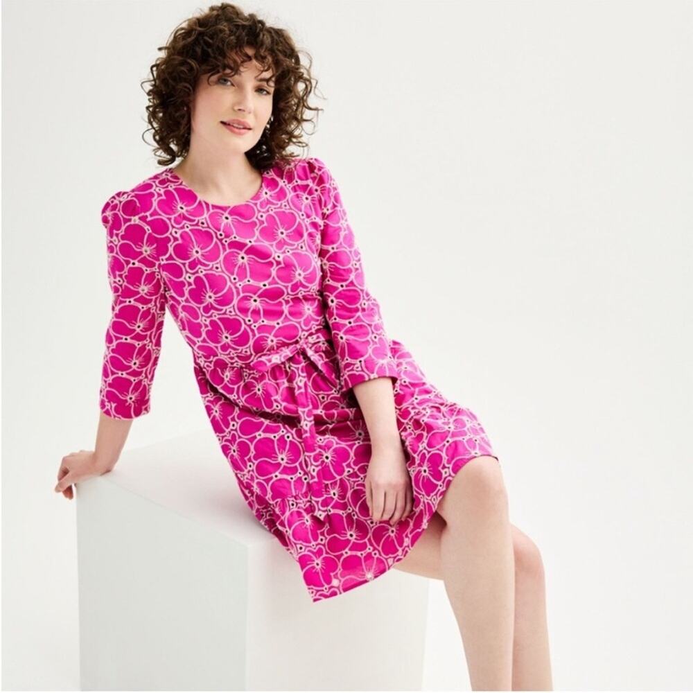 Draper James RSVP pink white eyelet floral belted dress size Extra Large XL